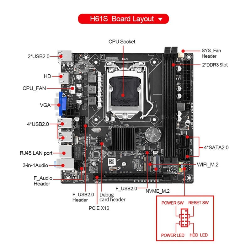 H61S (H61) LGA1155 Moederbord + I3 2120 CPU + 4G DDR3 1600 Mhz RAM + Thermisch Vet + SATA Kabel + Baffle Ondersteuning 2XDDR3 RAM Slot