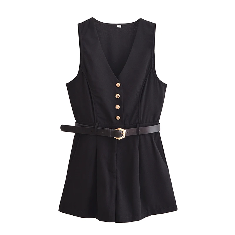 TRAF 2024 New Autumn Women Shorts Jumpsuits Casual Fashion Sleeveless Belt Rompers Office Ladies Playsuit