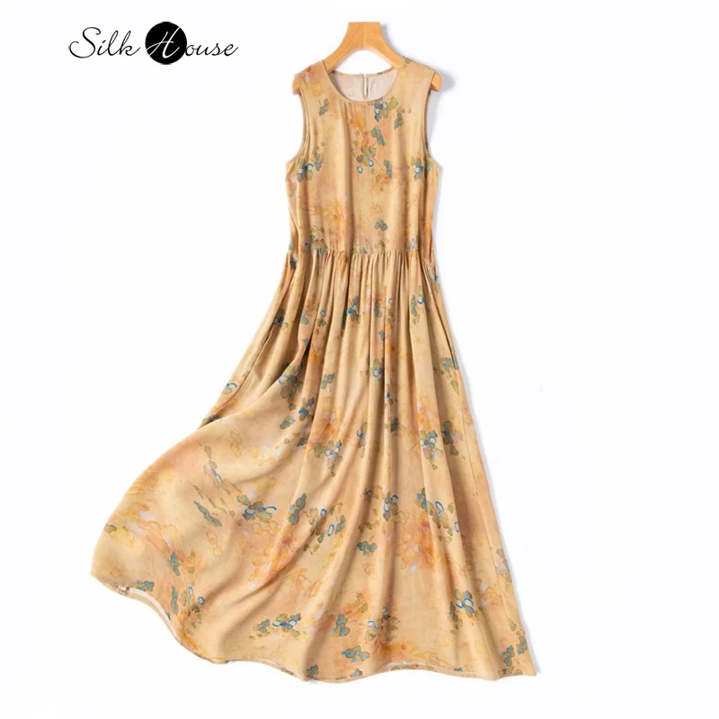 

2025 Women's Summer New 100% Natural Mulberry Silk 04 Crepe De Chine Camel Round Neck Sleeveless Loose A-line Tank Top Dress