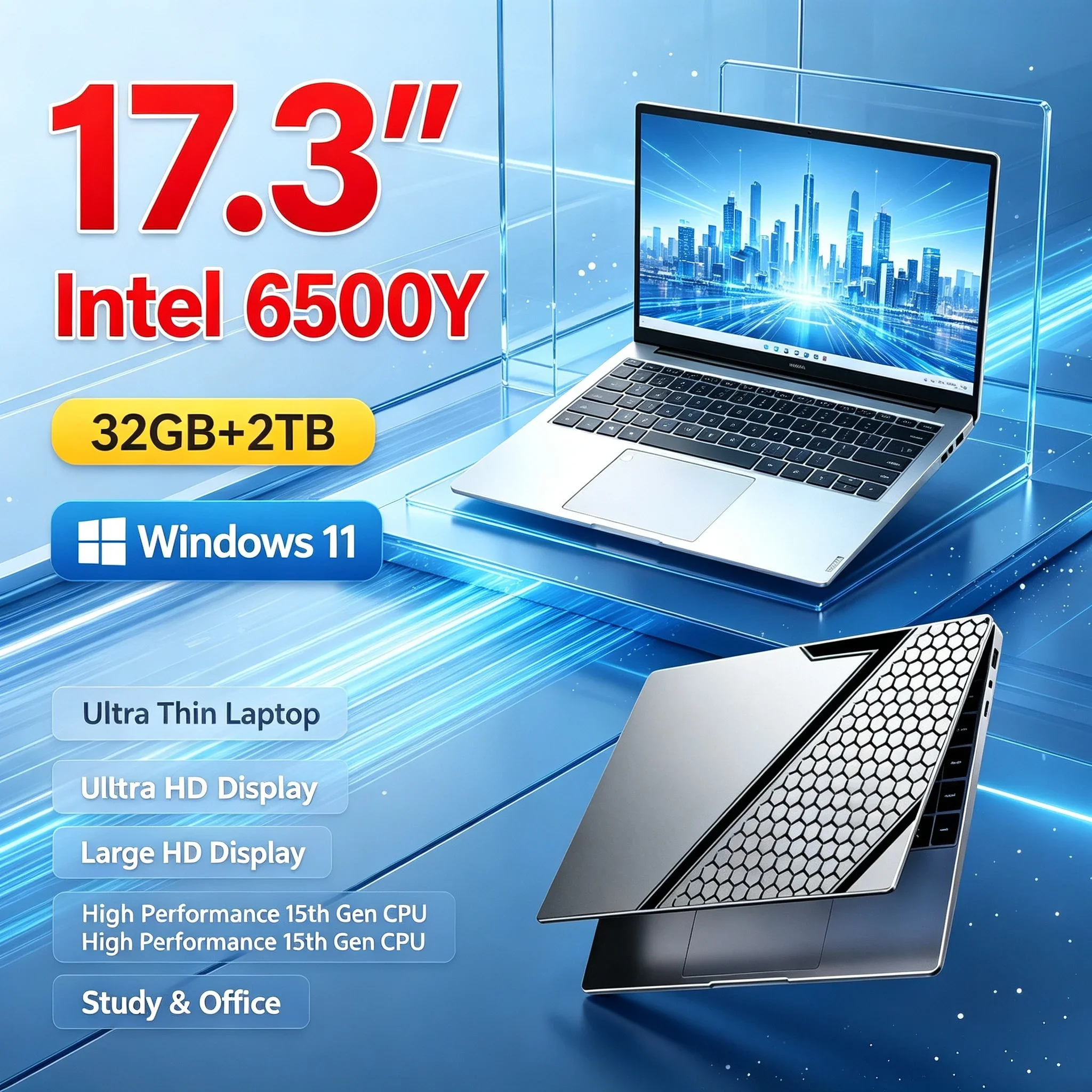 New 17.3 Inch Windows11 Laptop Intel 6500Y 32GB RAM 1TB/2TB SSD WiFi6 BT5.2 Backlit Keyboard Portable Big Screen Study Notebook