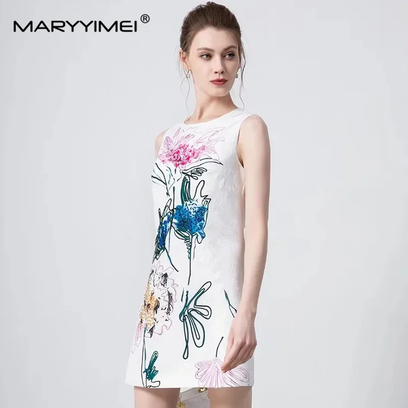 MARYYIMEI Fashion Women's New Sleeveless Tank Hand-Painted Beaded Sequin Nail Beads Vintage Printed Elegant A-Line Mini Dresses