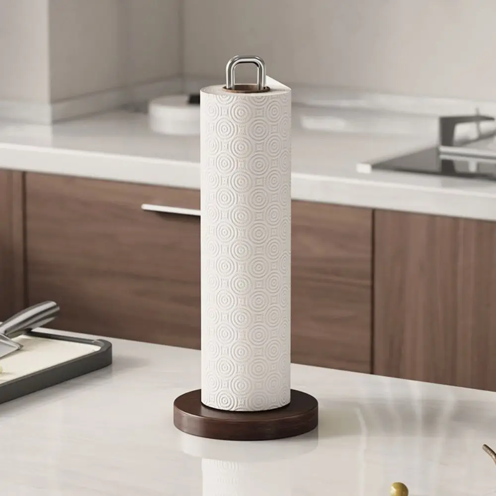 

Stainless Steel Paper Towel Stand One-Handed Tear Non-Slip Wood Paper Towel Holder Wooden Base Sturdy Paper Towel Rack Bathroom