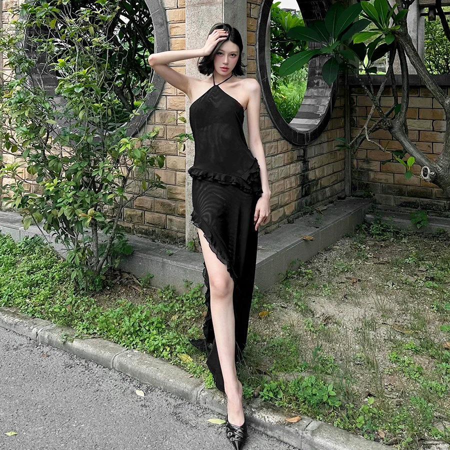 SylCue Rüschen Dekoration Langes Kleid Frau Durchsichtig Neckholder Off Schulter Backless Splits Prom Party Elegante Dünne Vestidos