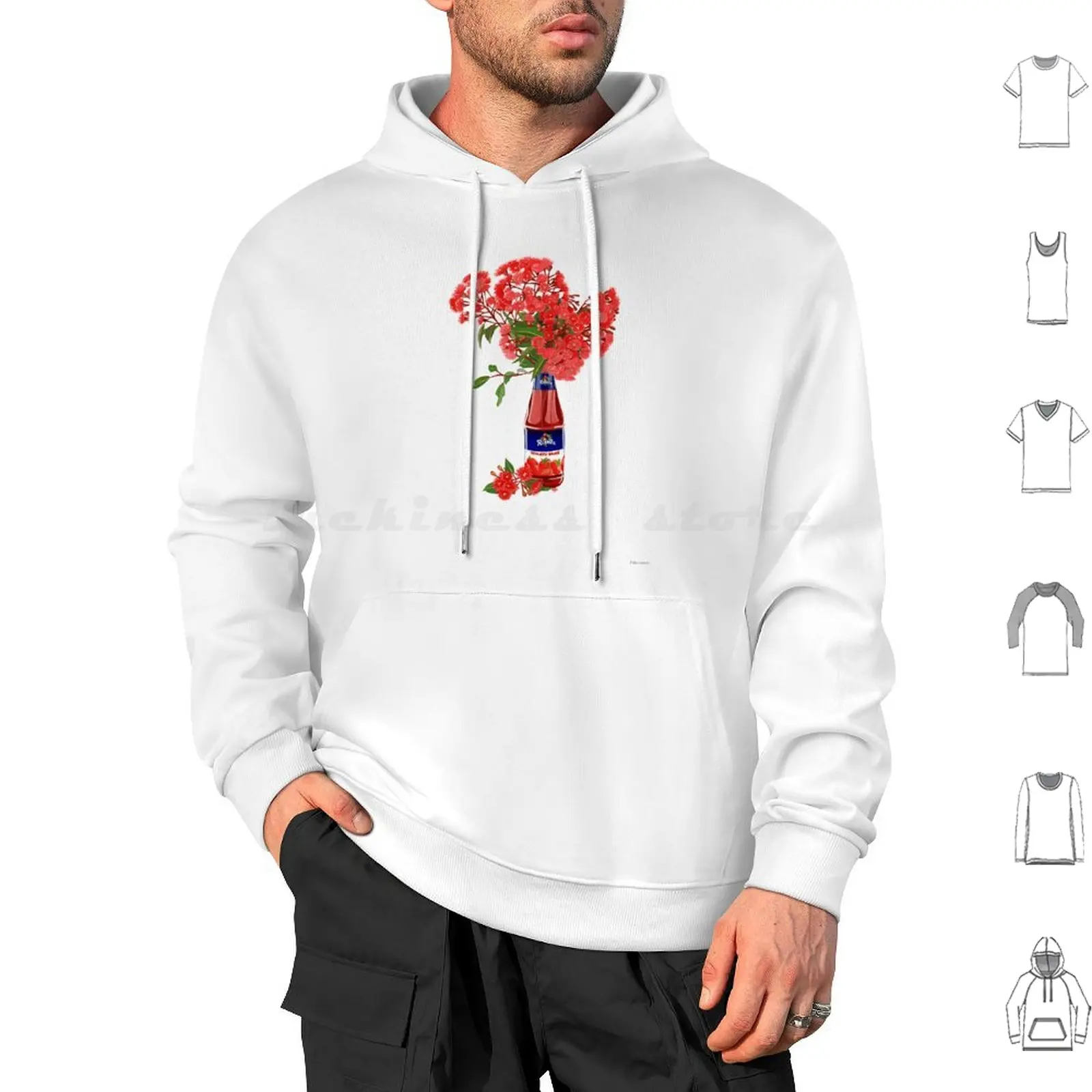 Rosella Sauce Bouquet Sudadera con capucha Algodón Manga larga Australiana Rosella Salsa de tomate Floración roja Goma Goma Eucalipto