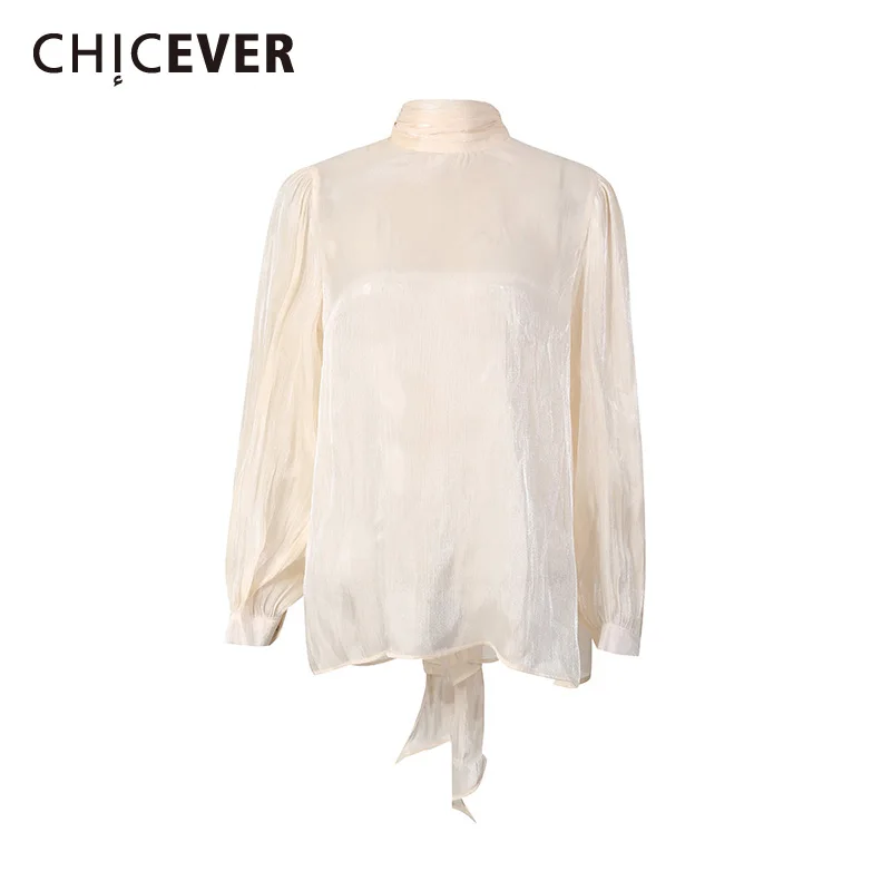 

CHICEVER Apricot Spliced Lace Up Chic Shirt Female Stand Collar Long Sleeve Light Luxury Women's Shirts Autumn Style Fashion New