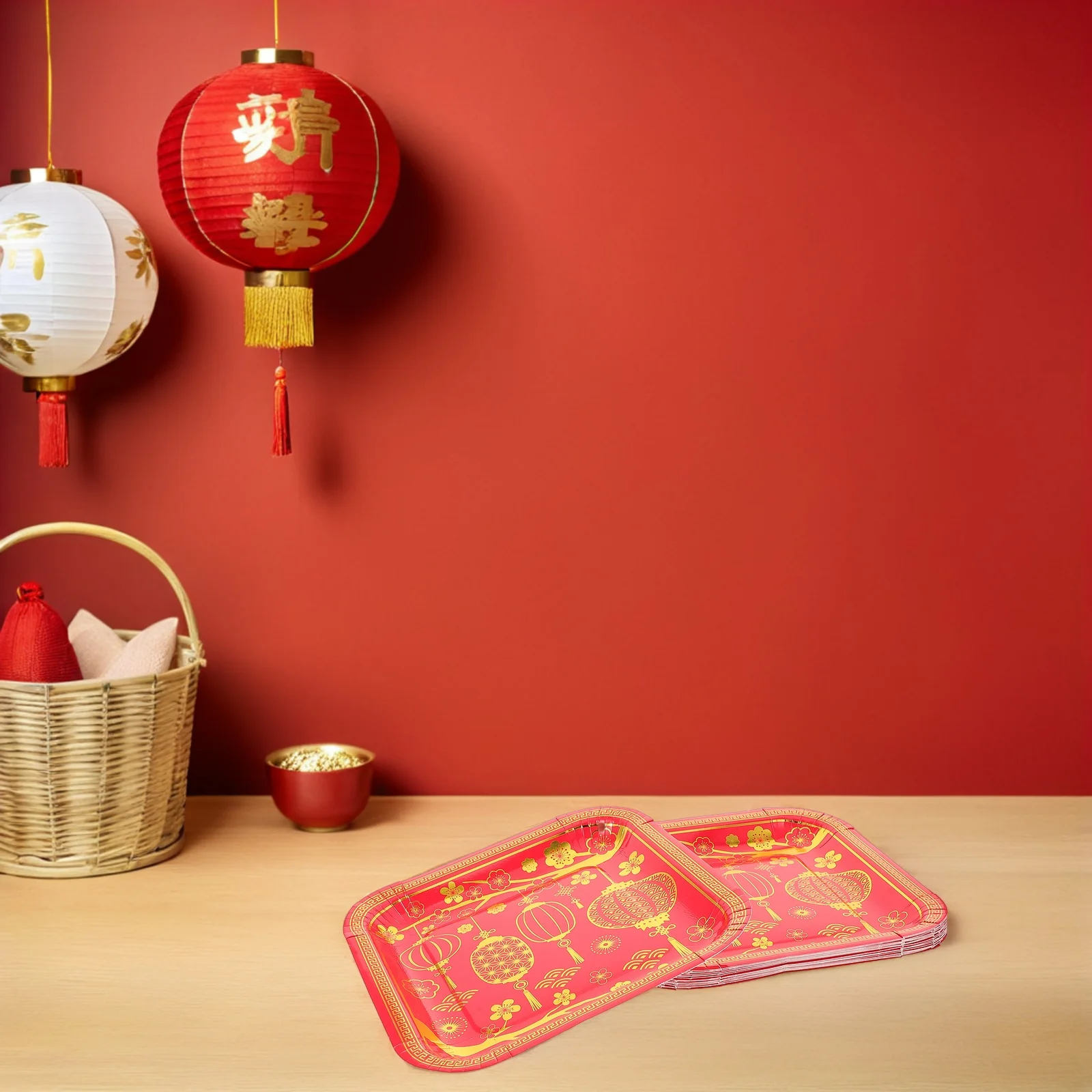 

16 Pcs Happy New Year Party Plates Paper Spring Chinese Square Tableware Years Eve Supplies