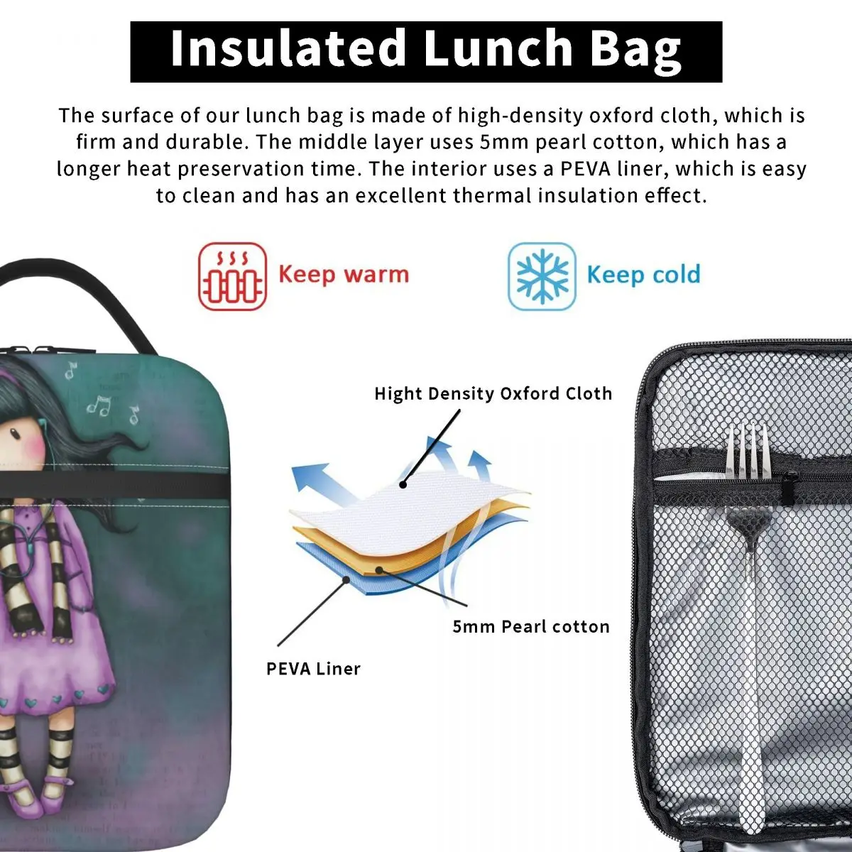 Gorjuss Doll Resuable Lunch Box impermeabile Anime Girl Thermal Cooler Food Insulated Lunch Bag School Children Student