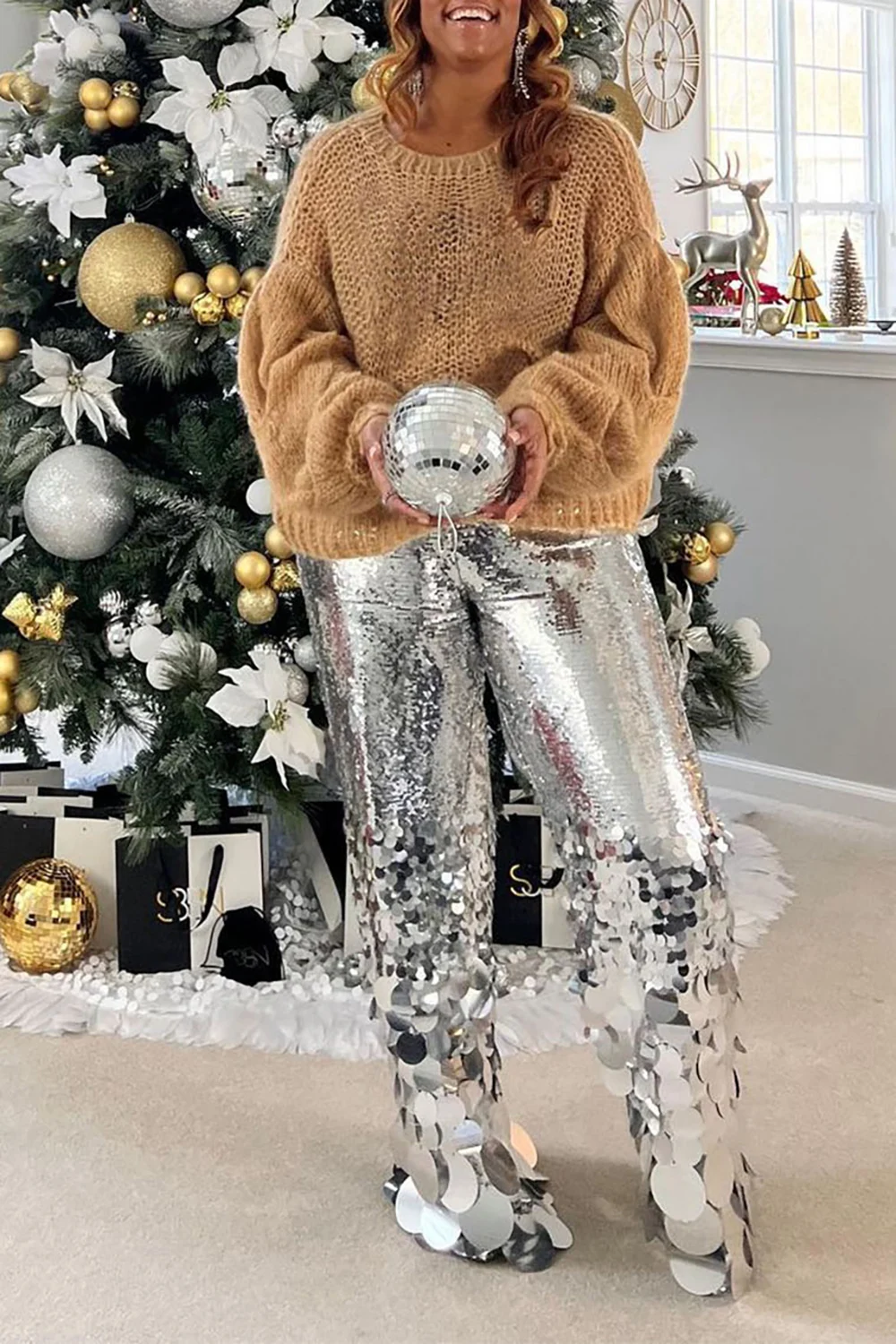 Plus Size Party Pant Silver Straight Leg Asymmetrical Casual Sequin Pant Shiny High Waist Streetwear Novelty Trousers 2024