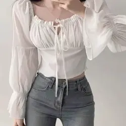 Drawstring Tied Square Collar with One Shoulder Slimming and Slimming Flared Sleeves Short Chiffon Shirt for Women