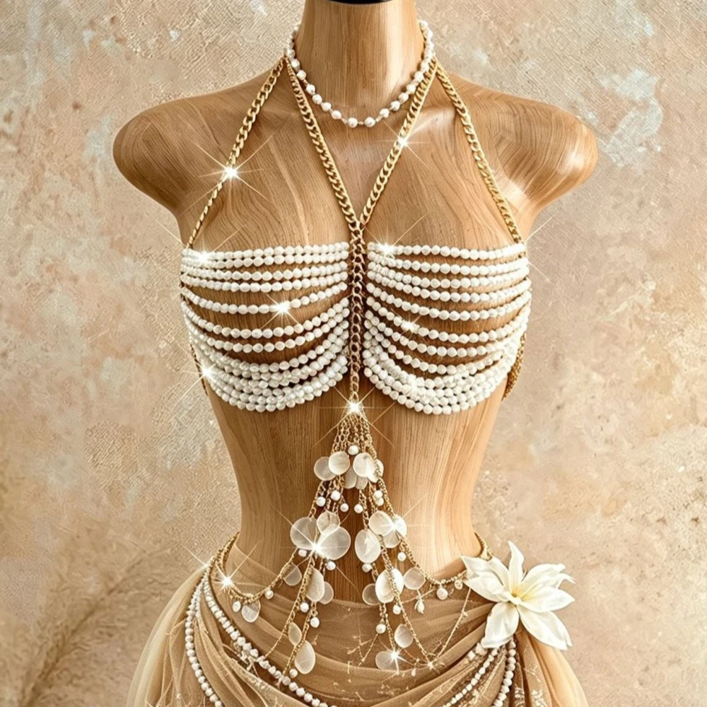 INS Resin Pearls Woven Sequined Bra Chain Multi-layer Metal Chain Backless Camis Tops Summer Dance Party Body Jewelry Vest Tops
