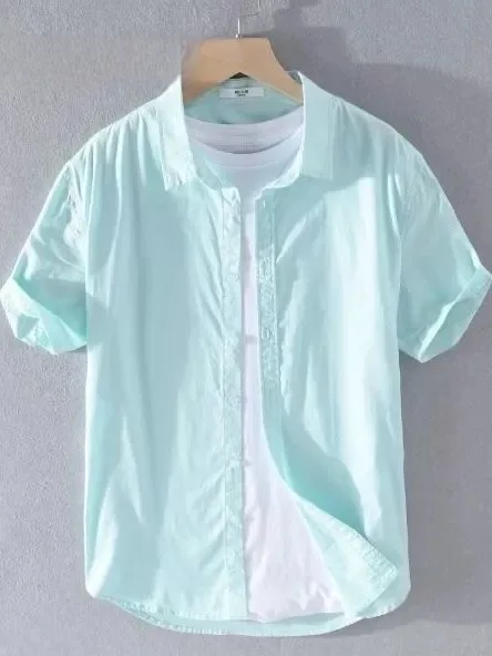 Linen Cotton Casual Shirt Thin Short Sleeve Men's Top Summer Lightweight Collared Youth Leisure White Shirt Breathable Fashio...