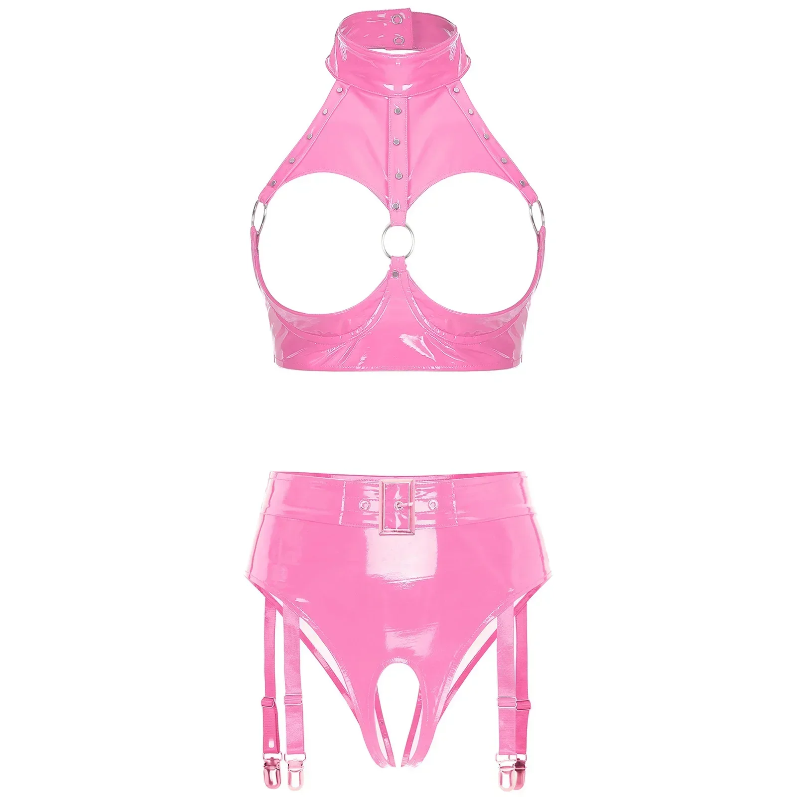 ملابس داخلية مثيرة للنساء ذات مظهر رطب لامع من الجلد اللامع وكوب مفتوح حمالة صدر بسلك سفلي ملابس داخلية عالية الخصر بدون حمالات مع رباط