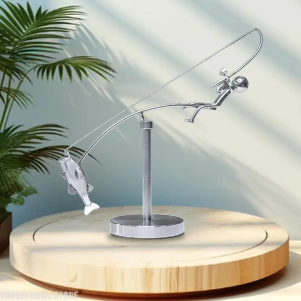 Handmade Kinetic Fishing Sculpture Metal Gift The Fisherman Balancing Sculpture Desk Statue for Fishman Lovers Crafts Figurines