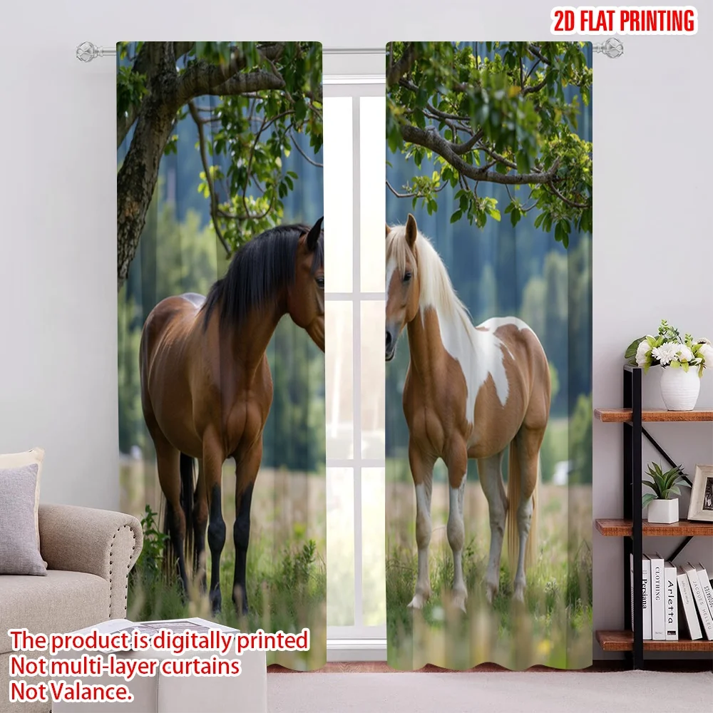 

2D flat printing 2pcs Curtains two horses Versatile 100% Polyester,Without Electricity Family Party Decoration for Various room