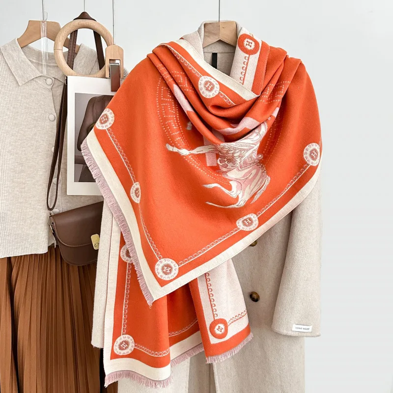 Ink Wash Jacquard Faux Cashmere Scarf for Women Thick Warm Winter Shawl Wrap Soft Neck Cover for Daily Wear