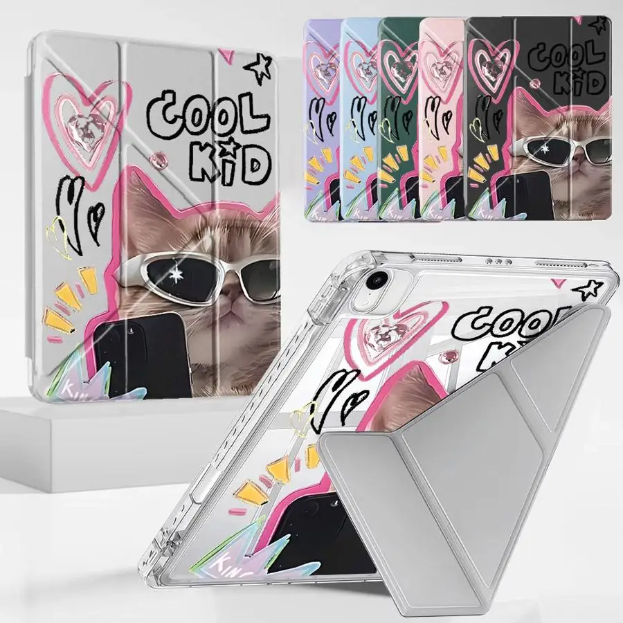 Cool Cat Tablet Case For iPad Mini 6 7 Pro 2025 Air 4 5 M3 M2 1 2 M4 11inch Pro 11th 10th 9th 8th 7th 12.9inch Y-Fold Holder