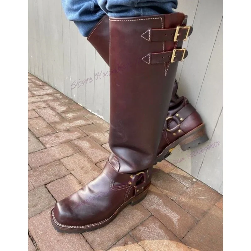 Botas de couro fosco masculino, joelho alto, dedo do pé redondo, salto robusto, sapatos de vaqueiro marrons, vintage