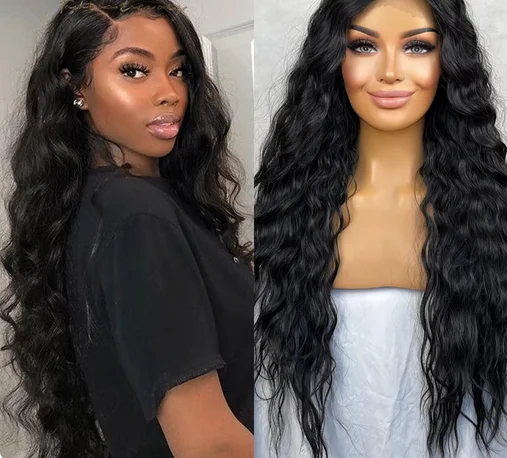 Black Wave Synthetic Front Lace Wig Long Natural Loose Curly Hair Lace Black Wig Ready To Wear Deep Wave Cosplay Part Makeup