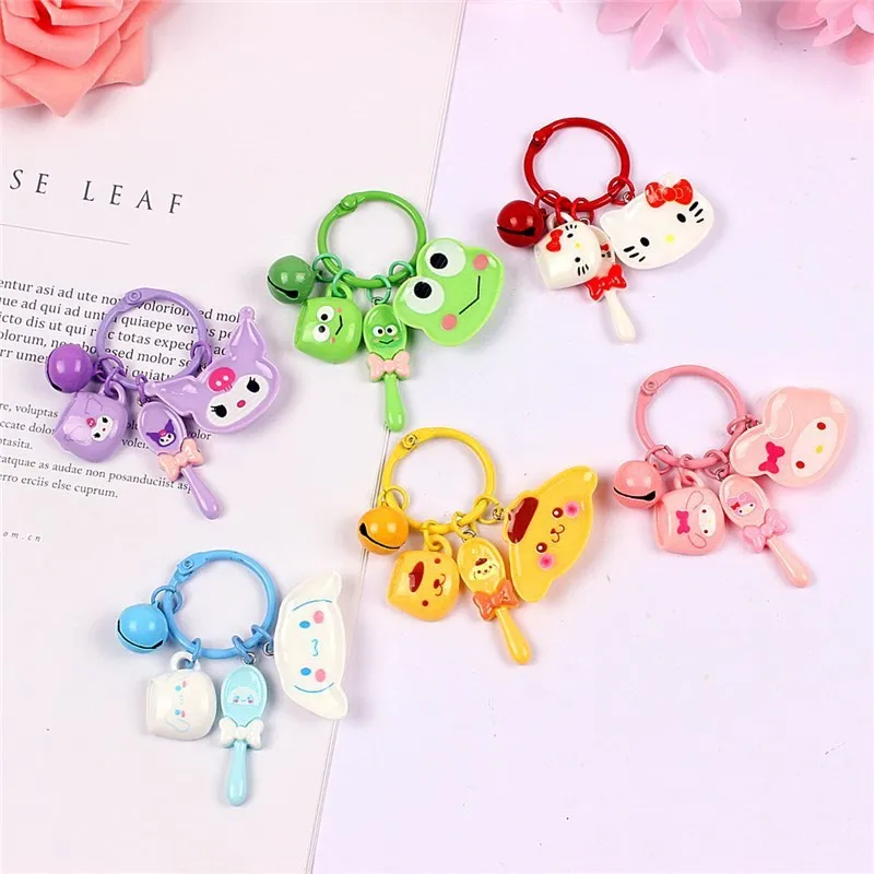 Cartoon Sanrio Hello Kitty Kuromi Melody Mini Plate Cup Spoon Keychain Cute Dinnerware Set Phone Chain Pendant Key Ring Gift