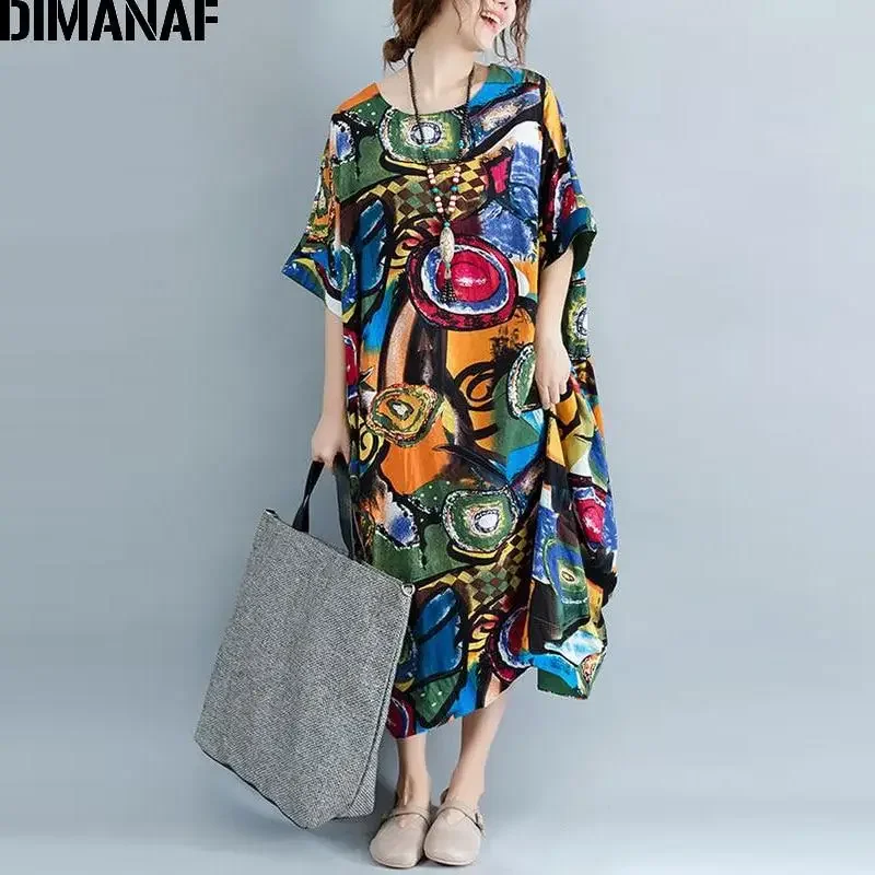 DIMANAF 2024 Plus Size Dress Women Summer Beach Print Vintage Cotton Maxi Dress Casual Oversize Lady Long Dresses Green