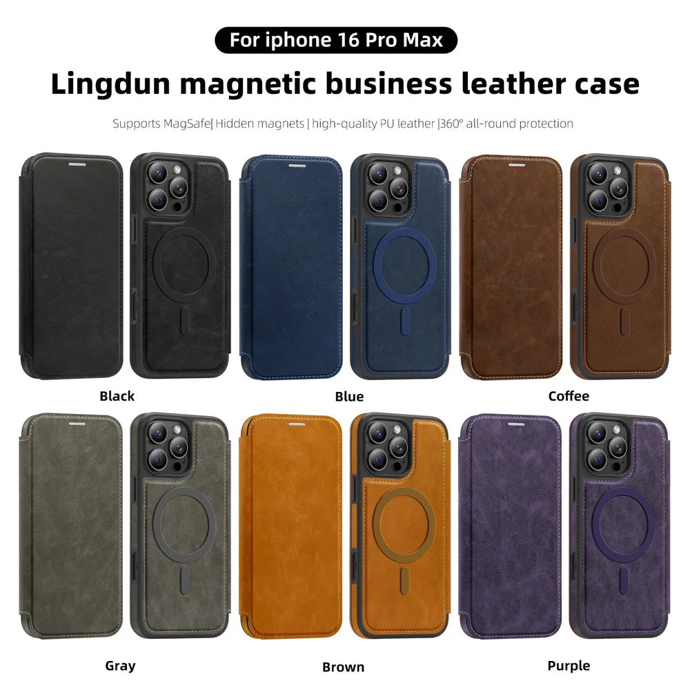 Luxuriöse magnetische Flip-Leder-Brieftaschen-Handyhülle mit Magnet für iPhone 18 15 16 17 Pro Max 16E 14 13 12 11 mit Kartenfach und Kartenhalter – Detail 1