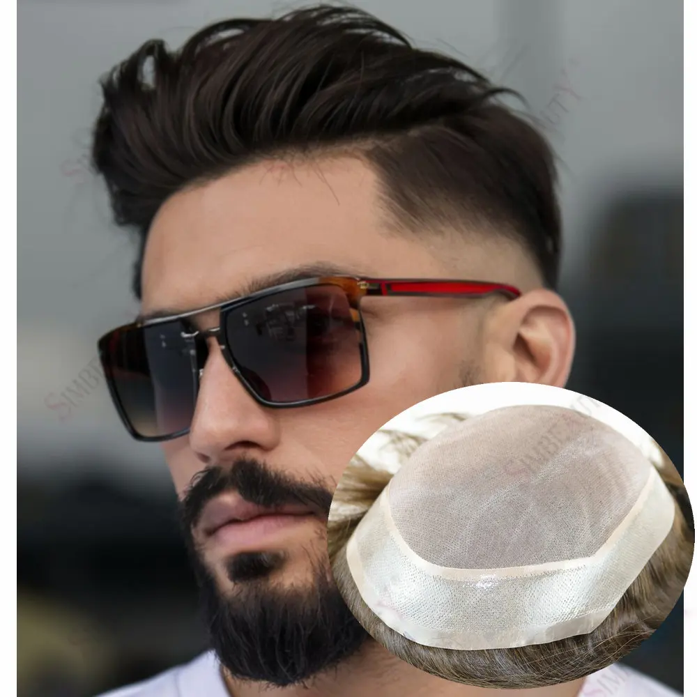 الرجال الشعر المستعار غرامة أحادية NPU/PU خصلات الشعر المستعار الإنسان تنفس الذكور الشعر الاصطناعية ريمي نظام الشعر الأوروبي مستقيم/موجة هيربيسي