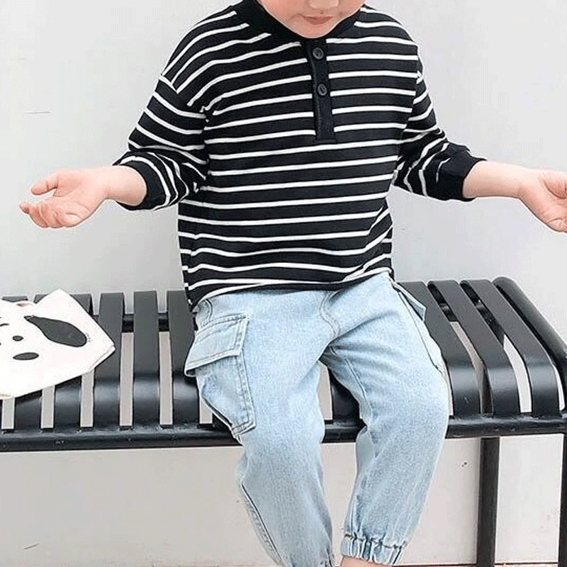 

Spring New Pullover Long Sleeve Boys Clothes Round Neck Striped Printed Spliced Button Fashion Casual Loose Cotton Sweatshirts