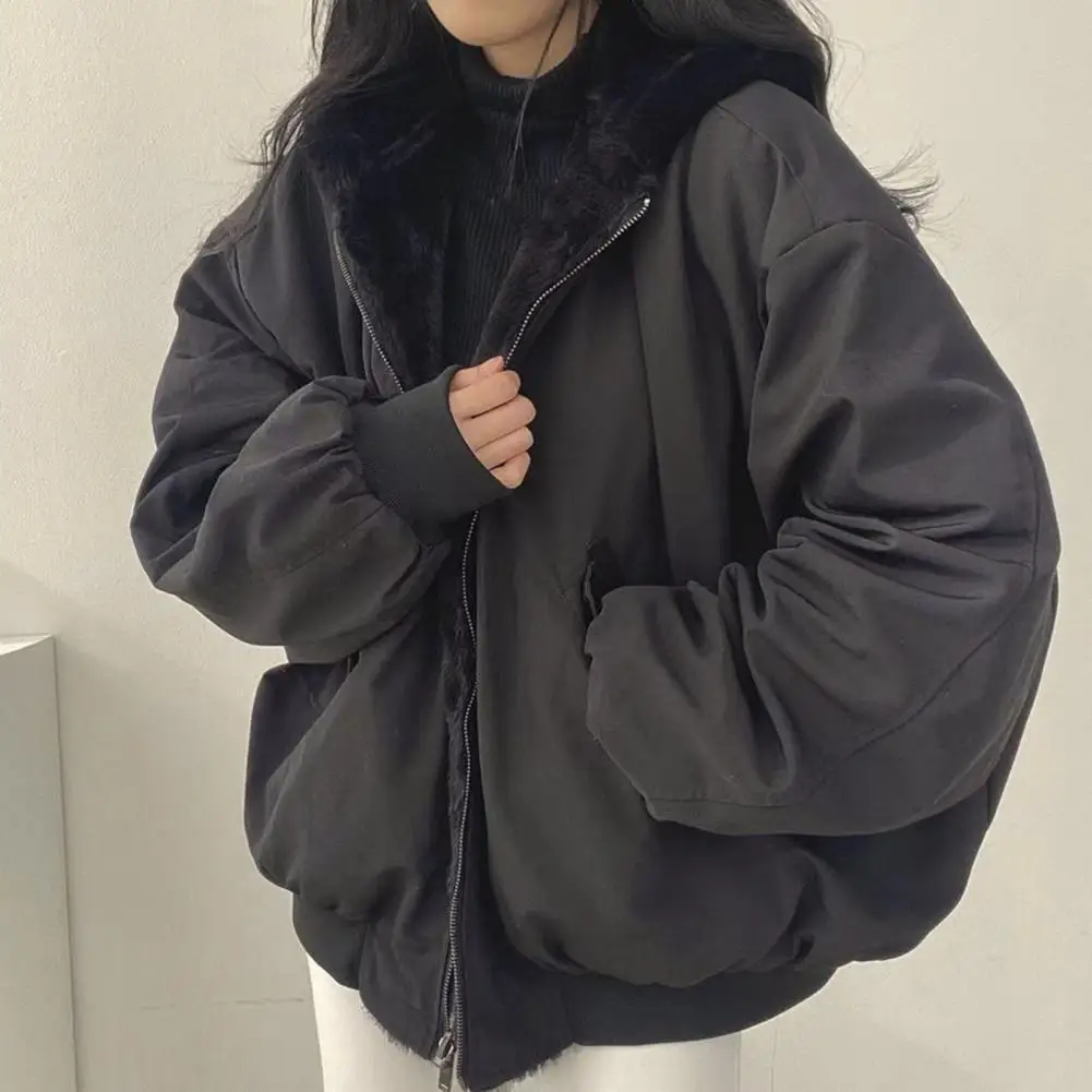 Casual Women Jacket Lady Winter Coat Thick Fleece Lining Loose Hooded Long Sleeves Solid Color Double-sided Wear Zipper Closure