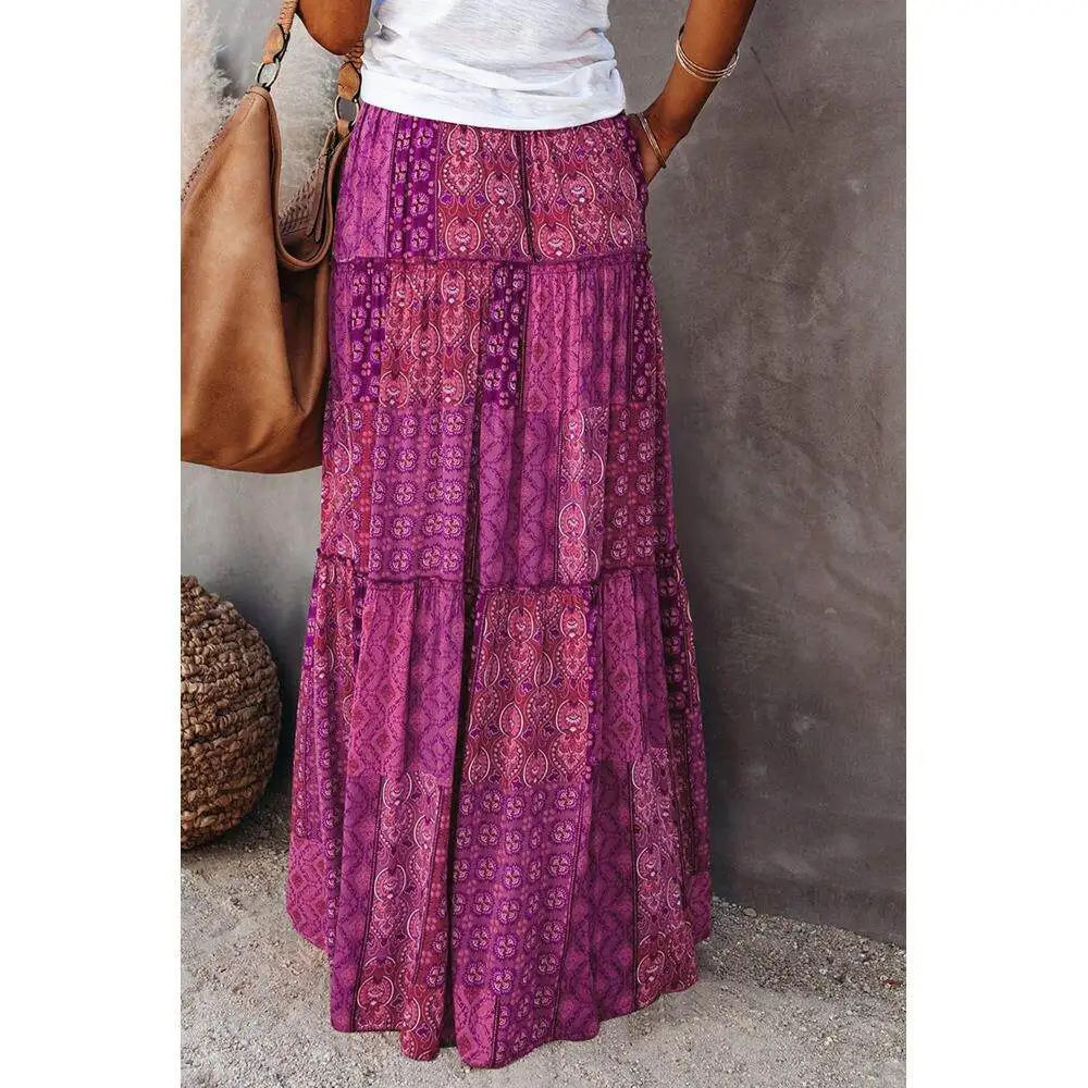 Bohemian Style Printed High Waist Loose Midi Skirt Casual Leisure Half-length Women's Skirts H-shaped Batwing Sleeve PU Leather