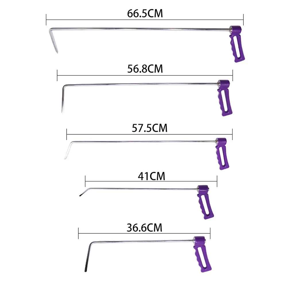 PDR Dent Repair Rods Set Purple 360° Rotating Handle Paintless Dent Removal Tools High Manganese Steel Dent Pulling Crowbars 6