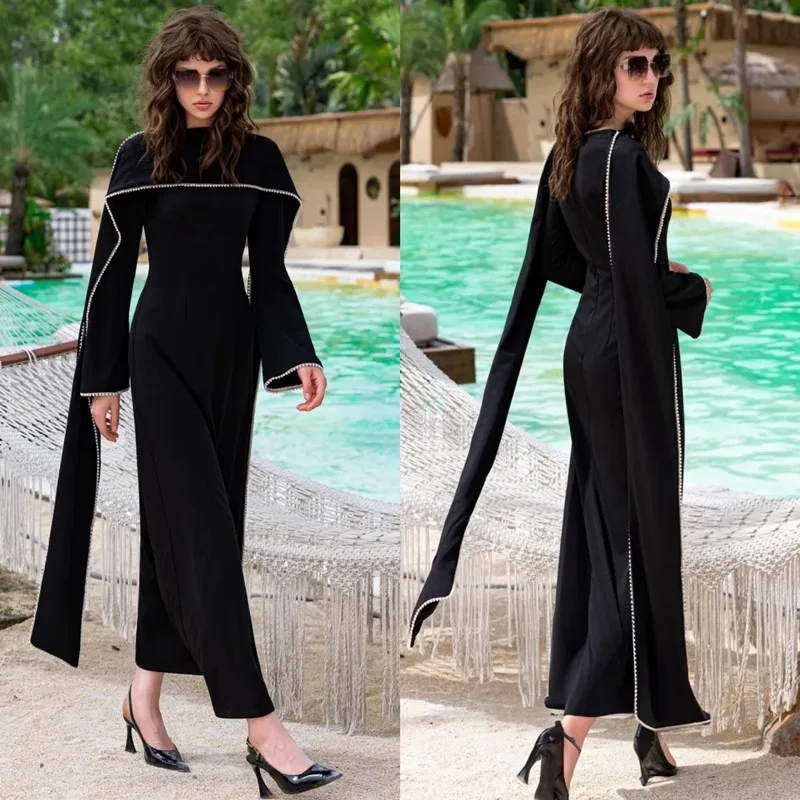 

Modern Black Long Sleeeves High Neck Evening Dresses Simple Pleat Pearls Ankle-Length Cap Sleeves Prom Gown Formal Customized