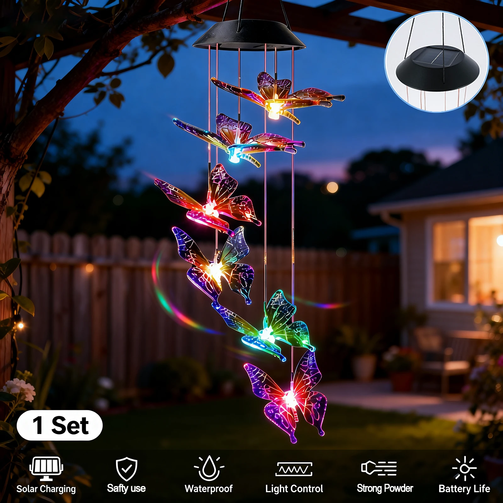 Carillon éolien solaire papillon 120mAh, lustre multicolore étanche avec cloche pour jardin, maison, cour, décoration de pelouse