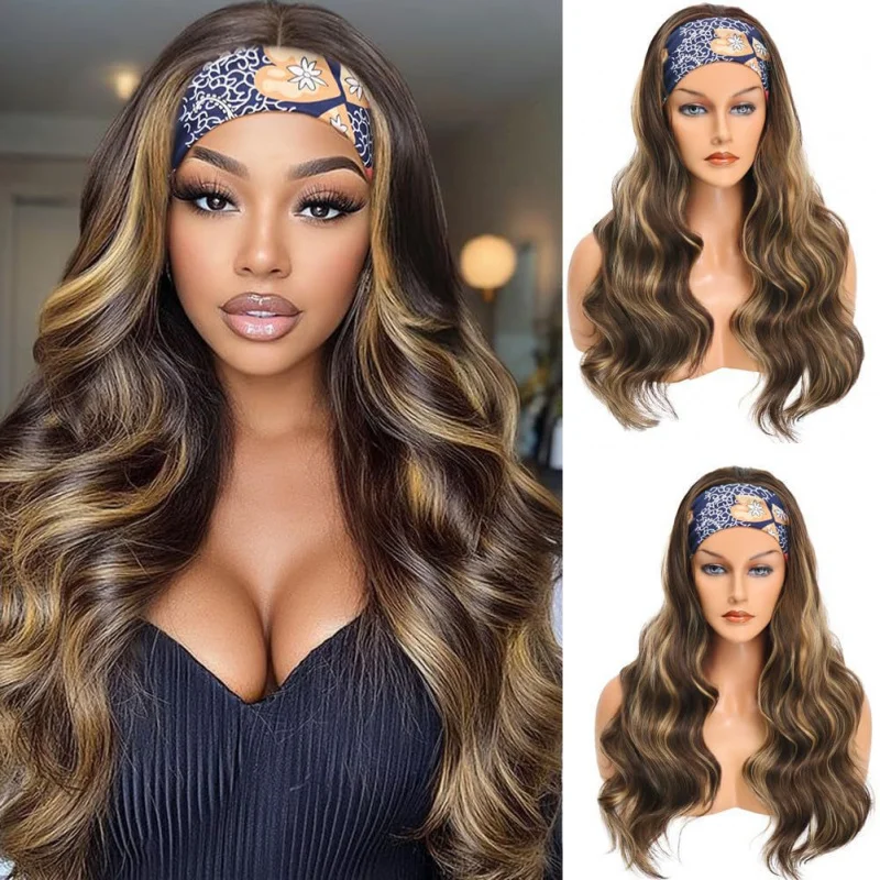 

European and American Style Women's Fashion Wavy Long Curly Hair Middle Part Lace Wig Gradient Color High Temperature Fiber Synt