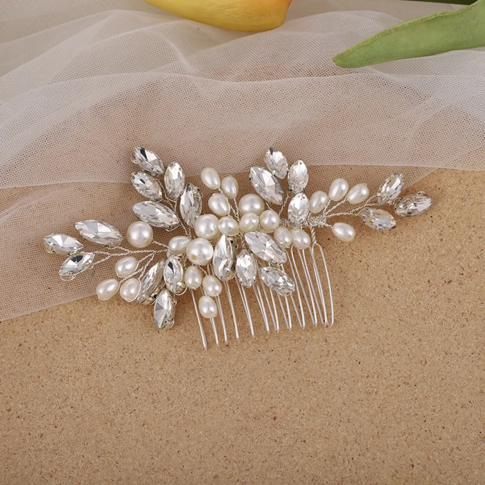 Women's Bride Wedding Hair Comb Pearls Silver Leaf Dolly Hair Piece Bridal Hair Accessories Rhinestones bijoux de tete mariage