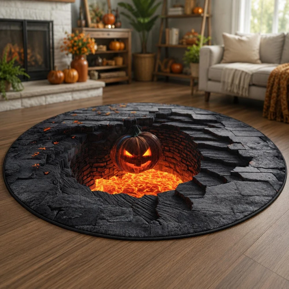 Lava Pit Halloween Pumpkin 3D Illusion Floor Mat Front Door Kitchen Coffee Table Decor Sofa Side Back Door Bedroom Circle Rug