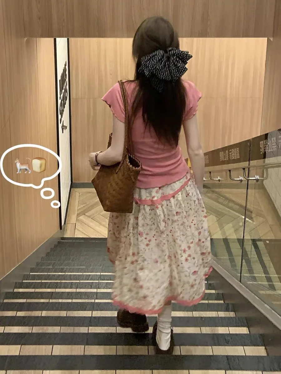 Sweet Floral Two-Piece Set Women's  Dress Elegant Summer Outfit Beautiful Dopaamine Small Size Bright Matching Skirt