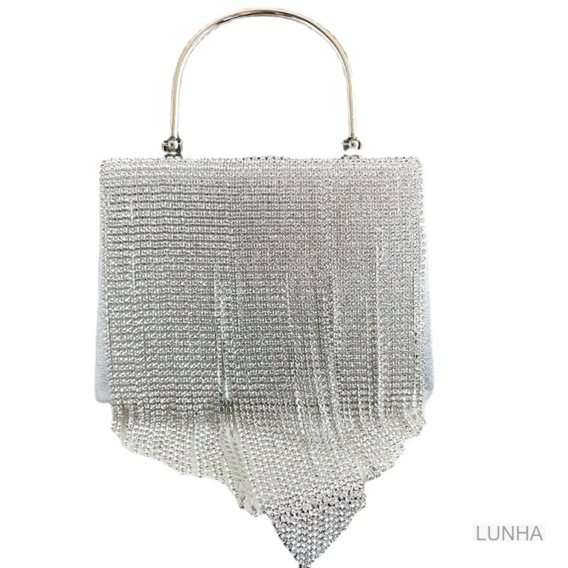 Women Handbags Box Rhinestone Tassel Handbag Party Shiny Rhinestone Dinner Bag Top-Handle Bags for Wedding Cocktail Date