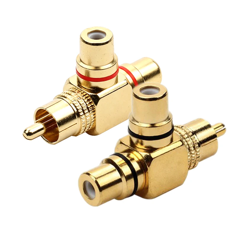 1 Pair Gold Plated RCA Splitter Adapter, RCA Male to 2 RCA Female T‑Type Audio Video AV Connector