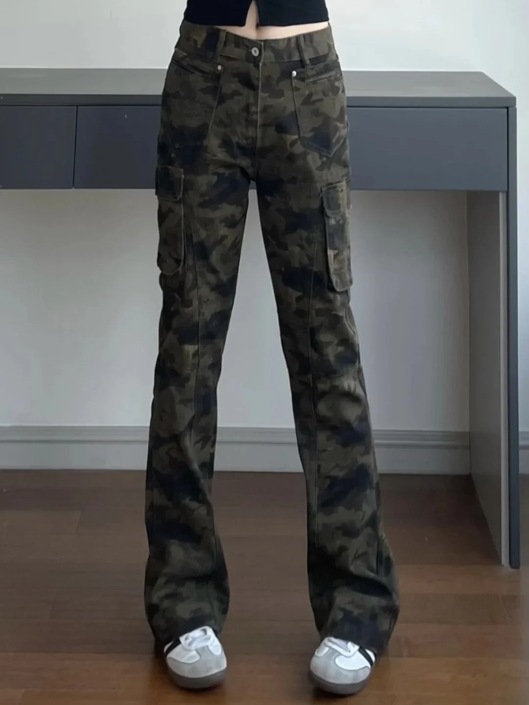 Men's Camouflage Pants Spring High Street Style Bell Bottom Multi Pocket Workwear Straight Leg Retro American Vintage Jeans