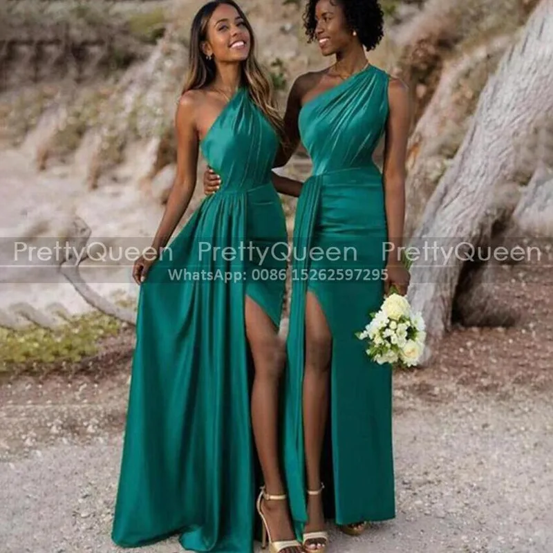 

Emerald Green Long Bridesmaid Dresses Mermaid Side Split Waistline Cap One Shoulder Customized Sheath Wedding Party Dress
