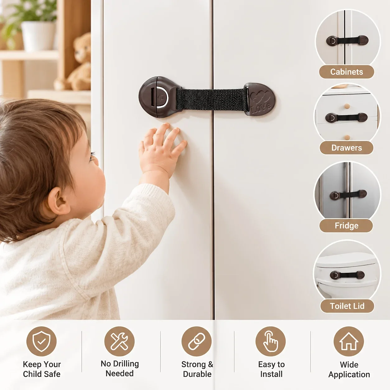 8-Pack Baby Safety Strap Locks,Childproof Drawer Locks,Adjustable Security Straps,for Fridge, Cupboard, Oven,Toilet Seat,Cabinet