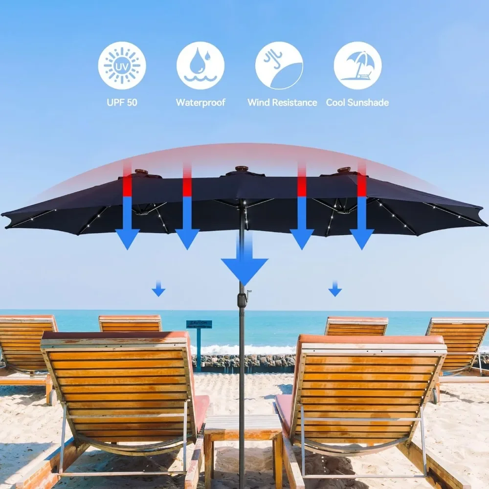 15ft Patio Terrace Umbrella with Solar Lights,with Included Base,with Hand Crank, 36 LEDs, 12 Bones, Large Double Sided Umbrella