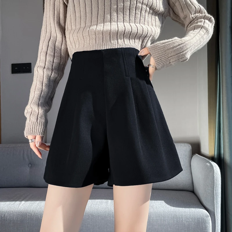 Autumn and Winter Women Shorts High Waist A-line Solid Color Thin Korean Style Office Lady Loose Casual Basics Shorts Female