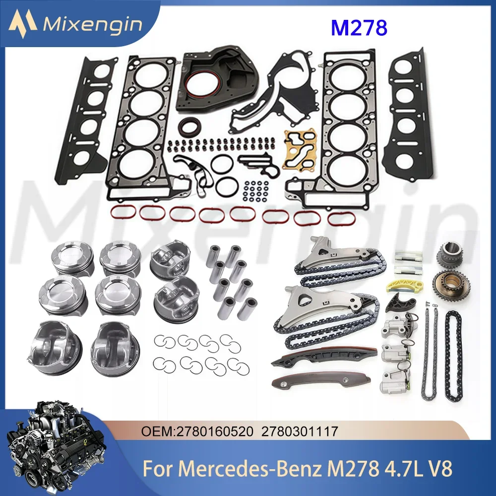 M278 Engine Parts Pistons Gasket Set & Timing Chain Kit Fit 4.7 L T For Mercedes-Benz CLS550 CL500 CL550 E500 E550 V8 GAS DOHC