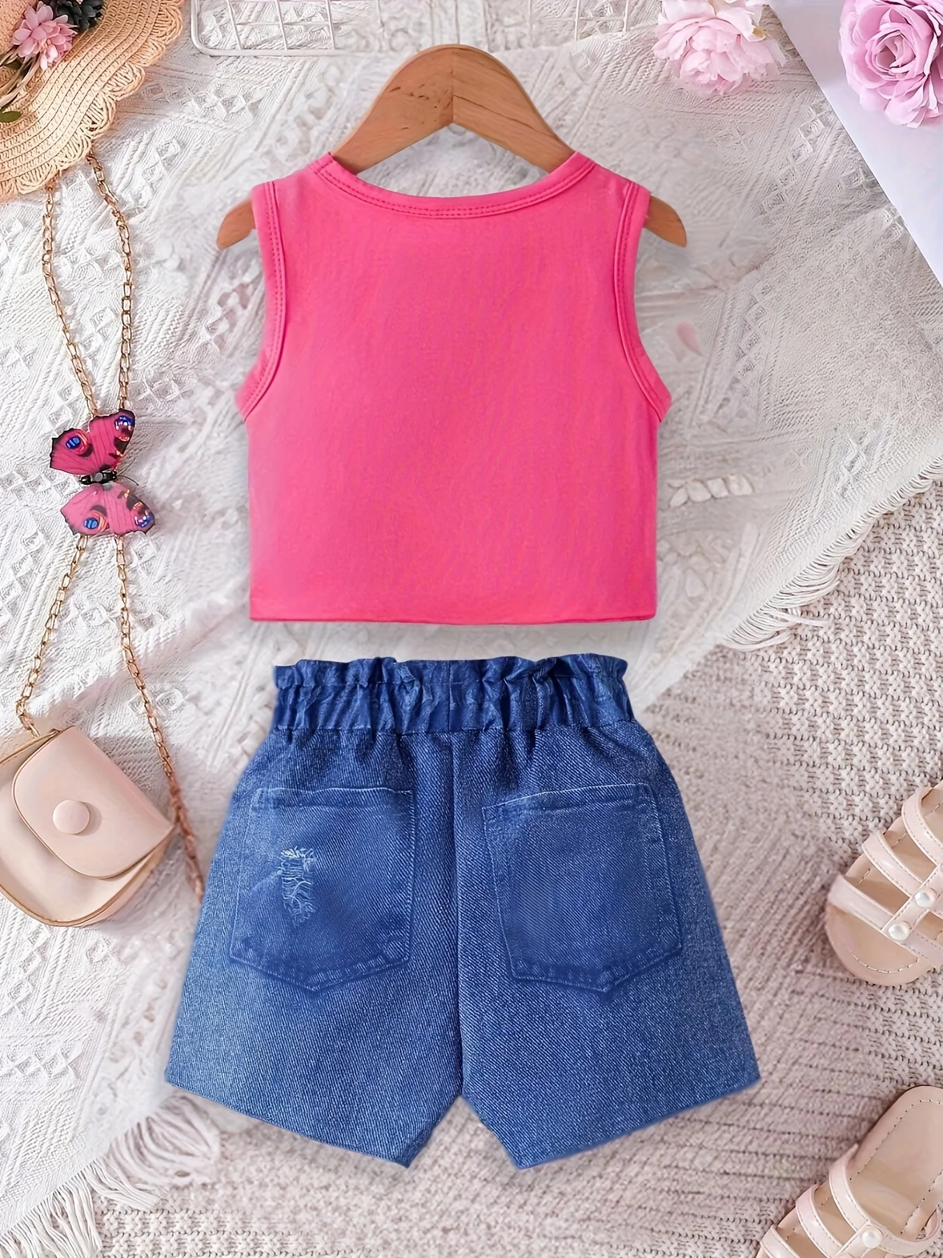 Ins Girls' Fashion Tie-Dye Full Print Printed Vest Suit Outdoor Sports Blue Shorts Suit Suitable for 3-10 Years Old