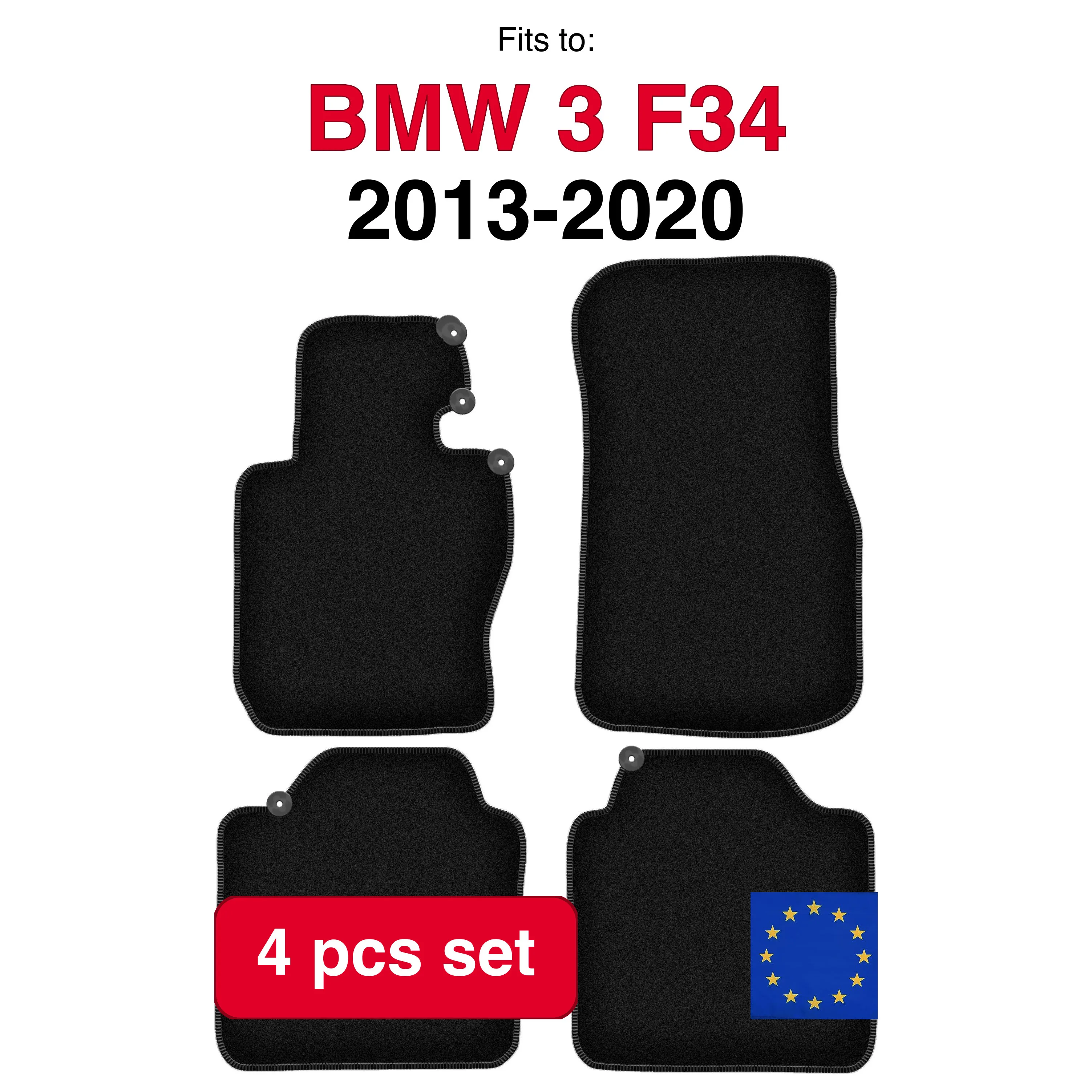 Image of Veloursteppich-Set für BMW 3 F34 Gran Tourismo (2013-2020) - Schwarz (4 Stück) passgenaues Auto-Fußmatten-Set