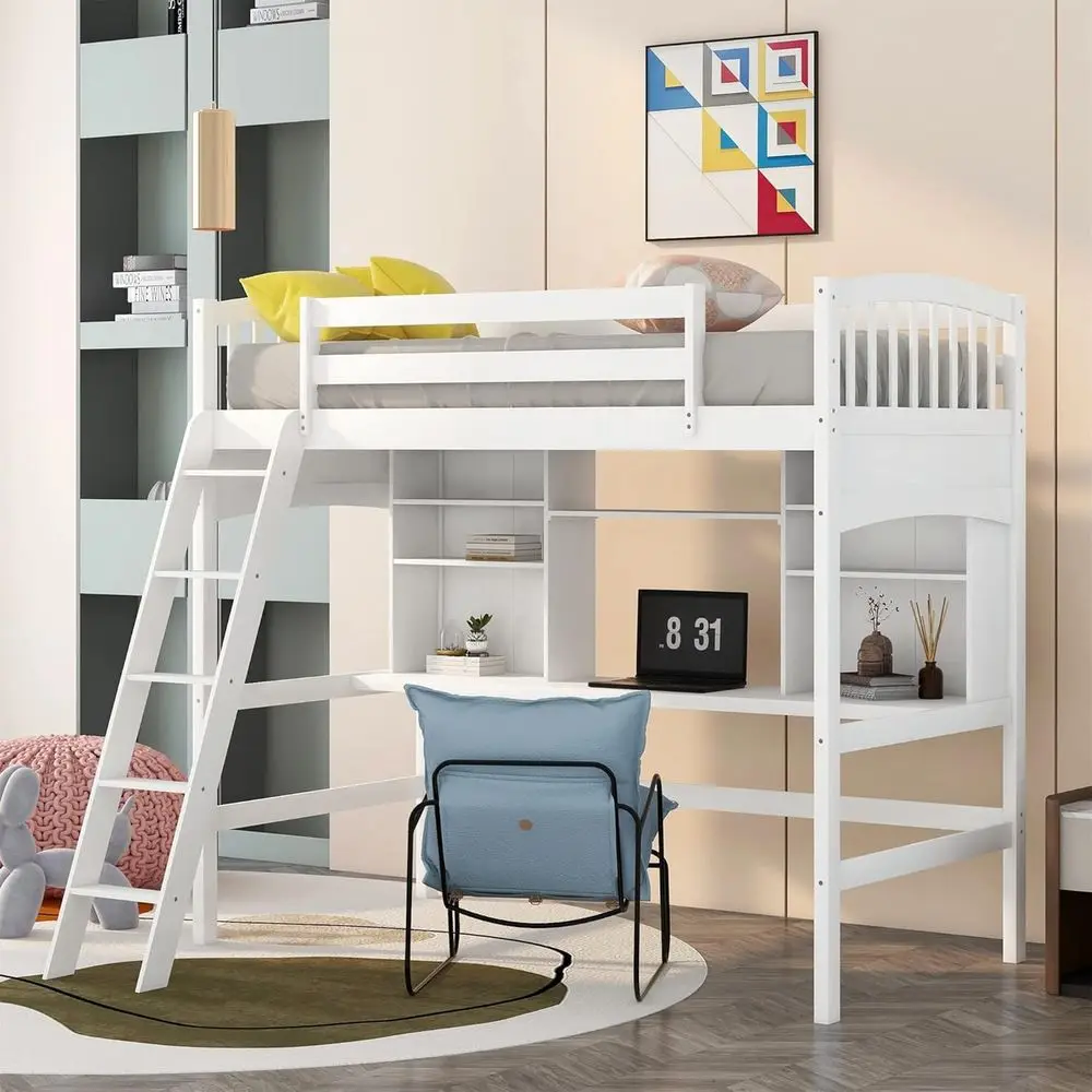 

Twin Size Wooden Bunk Beds with Desk and Storage, No Box Spring Needed (White)