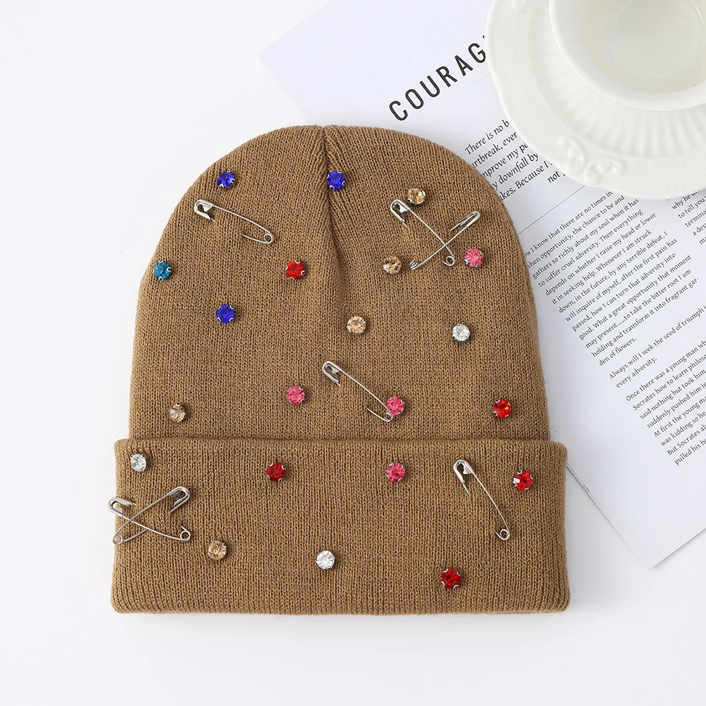 Women Men Punk Safety Pin Rhinestone Knit Beanie Solid Ribbed Cuffed Skull Cap Y2K Grunge Streetwear Winter Hat Crystal Decor