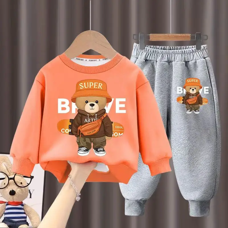 Kids Clothes Boys & Girls Autumn Long Sleeve Top & Pants 2 Pieces Sets Children Boy & Girl Printed Bear Tracksuit Sport Outfit