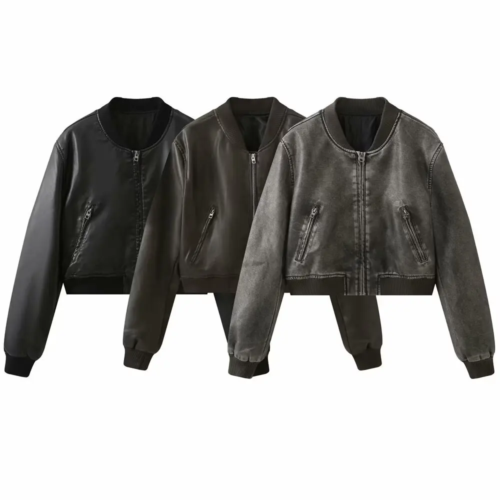 

Woman's Cropped Bomber Jacket Vintage Round Neck Zipper Pocket Long-sleeved Solid Color Coat Early Autumn New Female Chic Top